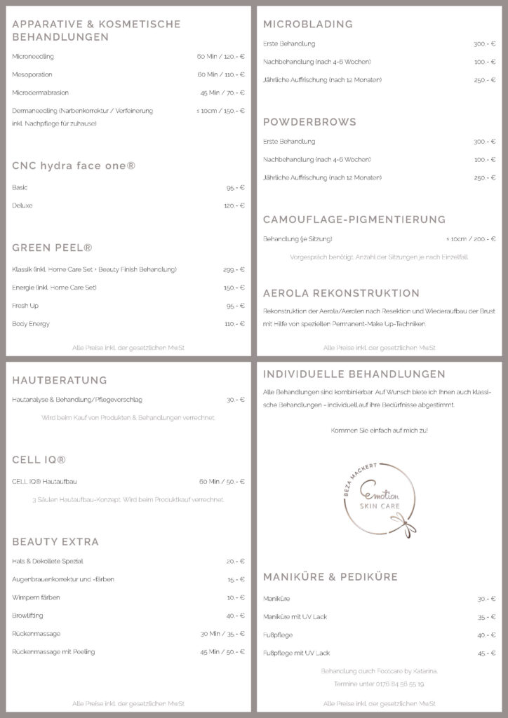 Preisliste von Emotion Skin Care als PDF